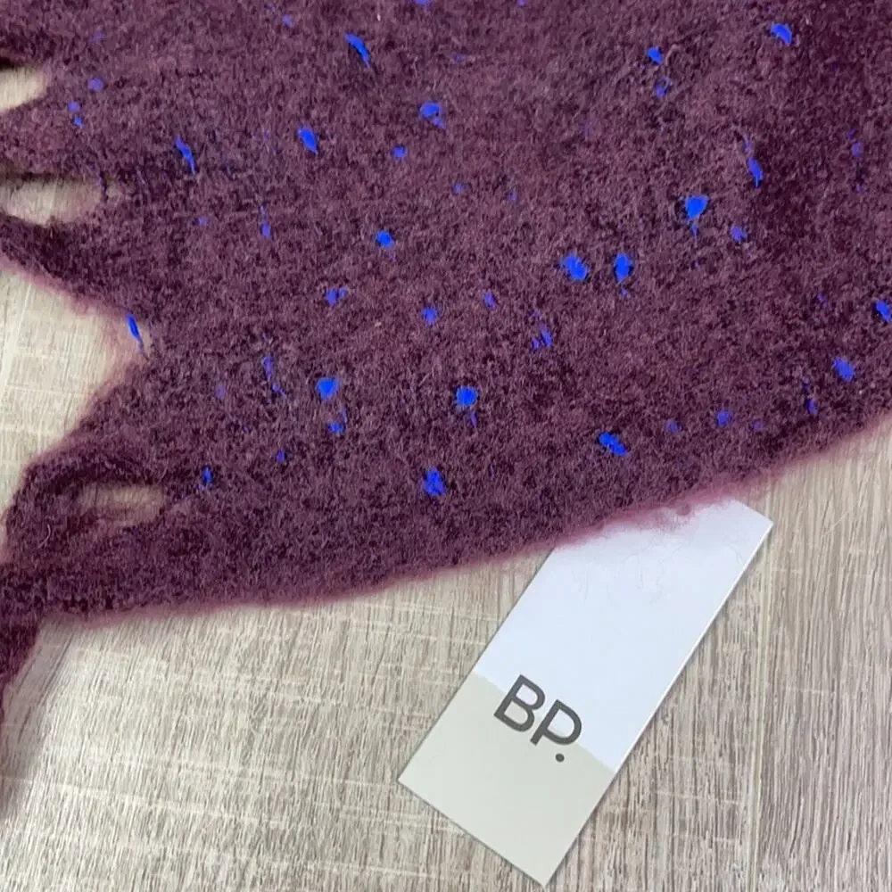 NWT NORDSTROM BP Burgundy Stem Blue Speckle Fringe Trim Cozy Scarf